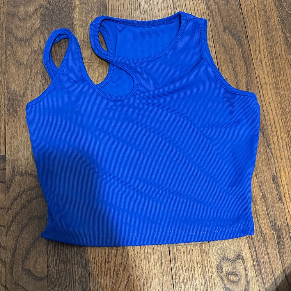 Royal Blue Ribbed Asymmetric Strap Crop Tank